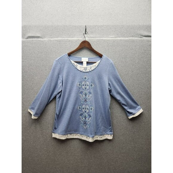 Alfred Dunner Womens Blue Embroidered Top With Lace Trim & 3/4 Sleeves Size M Co - Picture 1 of 6